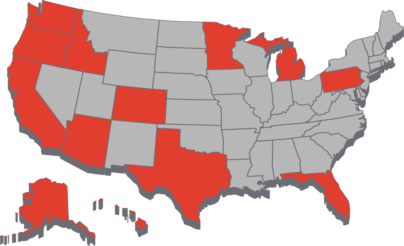 USA map with selected states highlighted in red