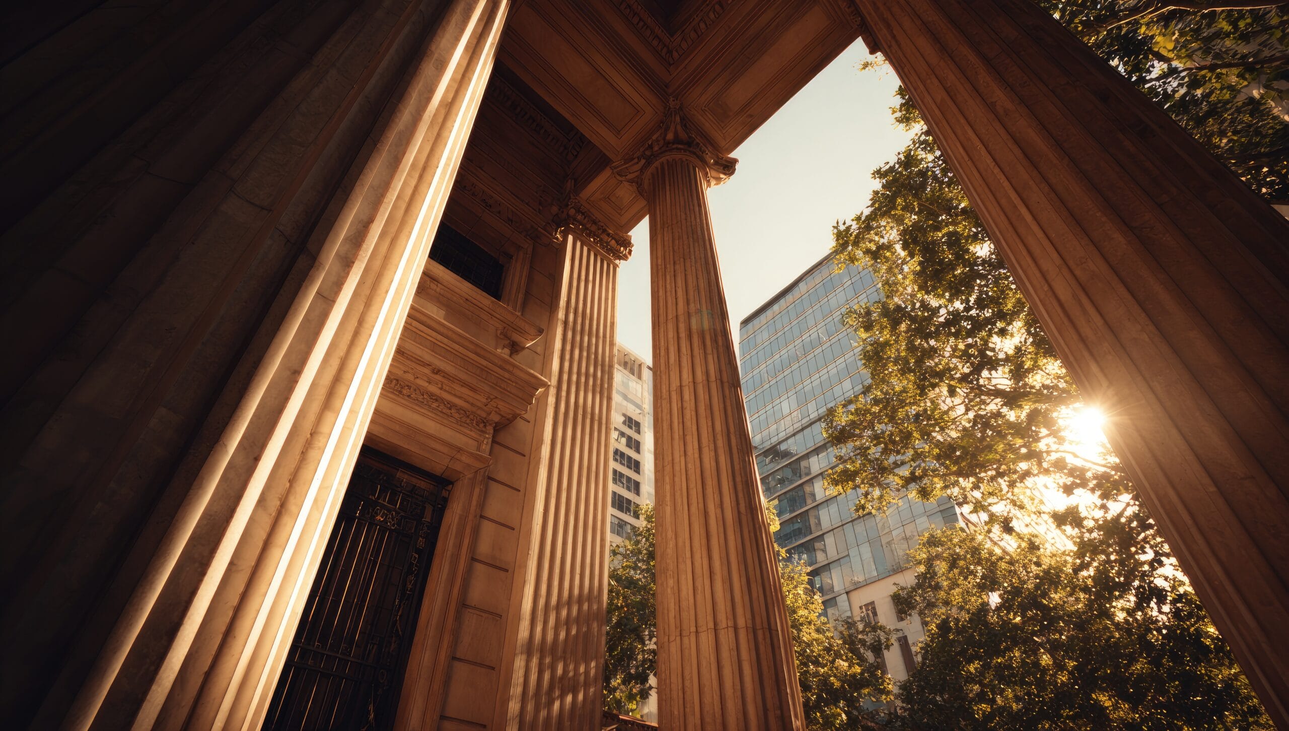 Classical stone columns of government building at golden sunset